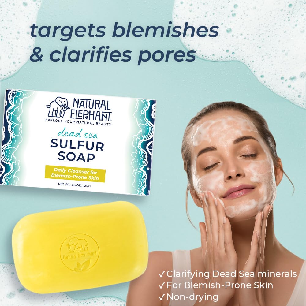 Natural Elephant Dead Sea Sulfur Soap 4.4 oz with Dead Sea Salt, Aloe Vera, Sulphur Face and Body Cleanser Bar for All Skin Types (10 Pack (44 oz Beauty & Personal Care Natural Elephant