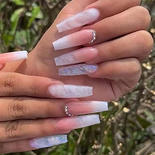Foccna Gradient Pink Press on Nails Coffin Long Fake Nails Bling False Nails Rhinestone Design White Nails Full Cover False Nail Tips 24 pcs Beauty & Personal Care Foccna