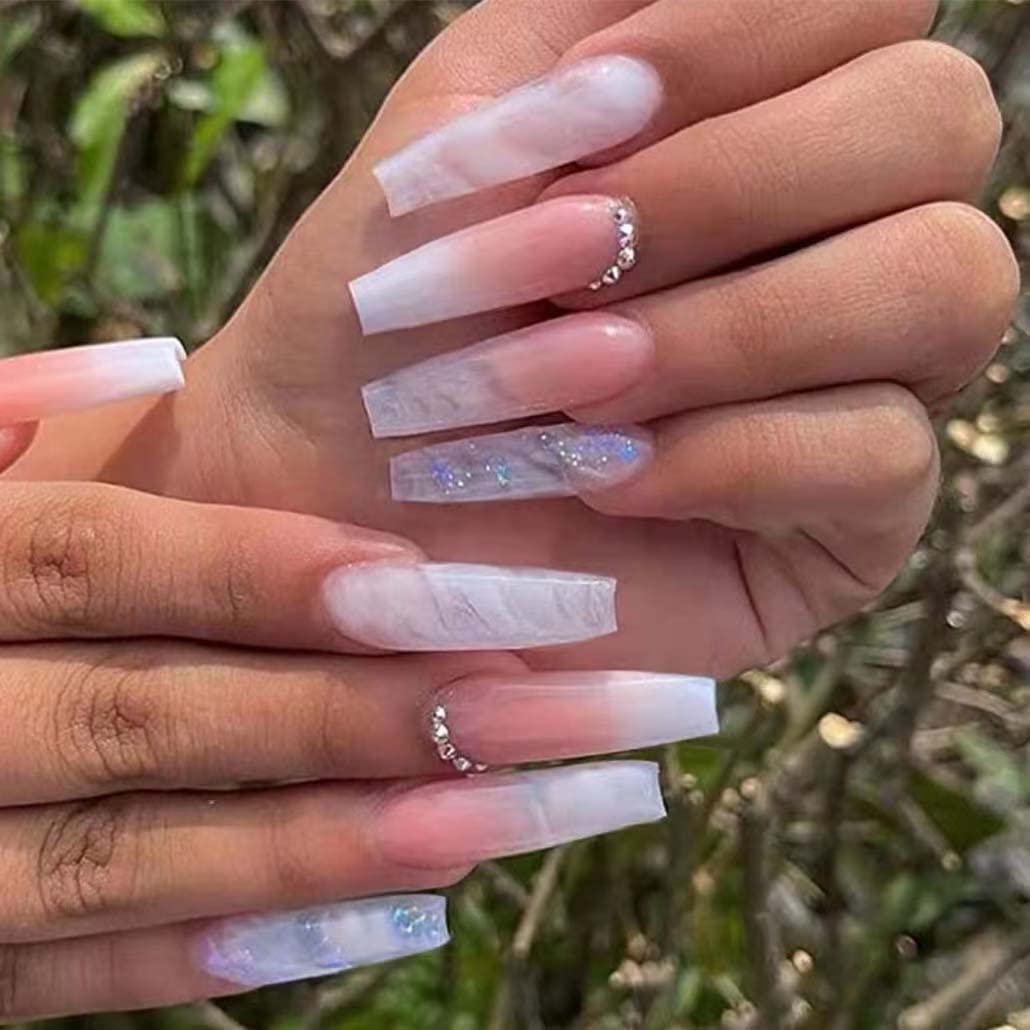 Foccna Gradient Pink Press on Nails Coffin Long Fake Nails Bling False Nails Rhinestone Design White Nails Full Cover False Nail Tips 24 pcs Beauty & Personal Care Foccna