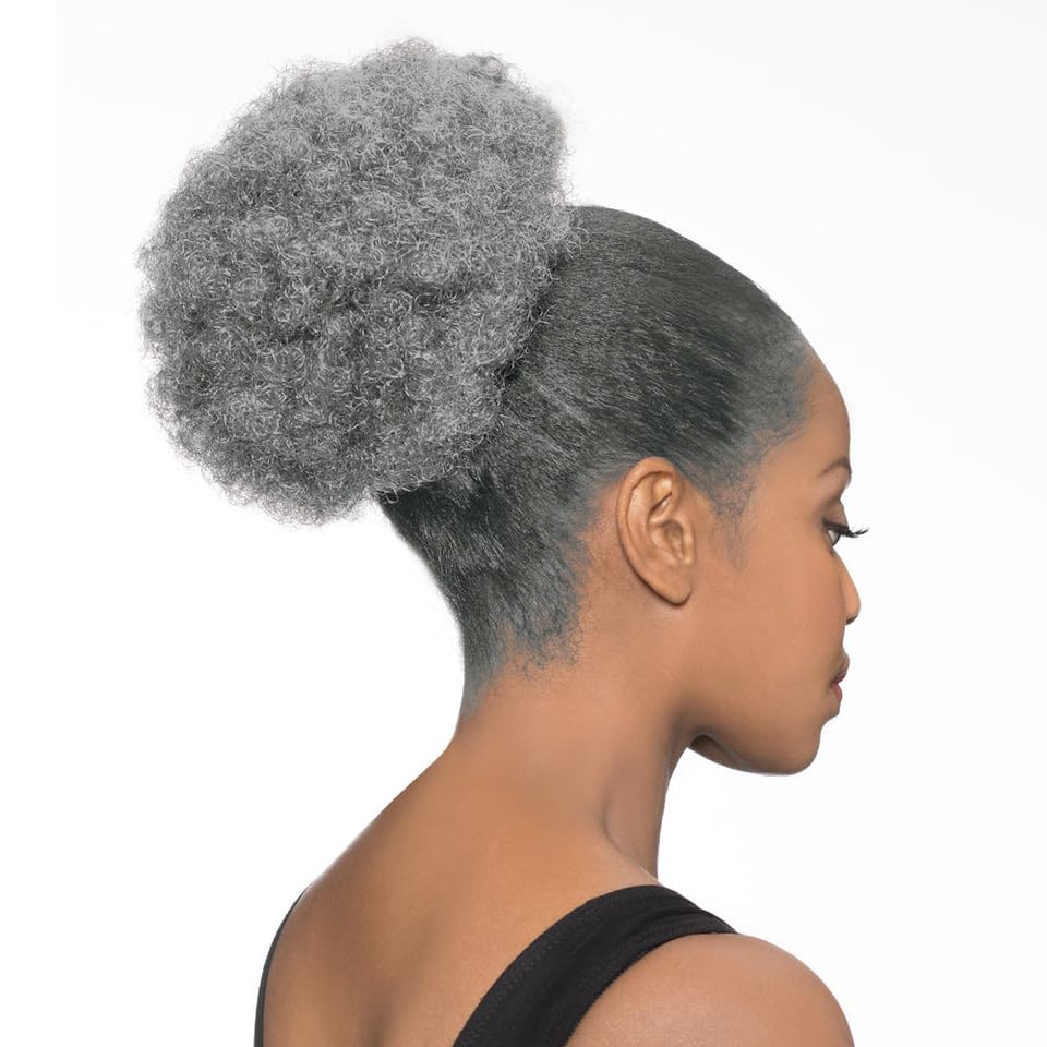 Maxwigs DS007 Afro Ponytail Color 44 Charcoal Gray - Foxy Silver Wigs 8-10" Medium Length Drawstring Hairpiece Extension Synthetic Black Grey Full Bun