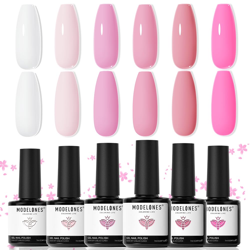 modelones Gel Nail Polish Set, 6 Colors 2026 Mothersday Light Soft Pink White Nude Pink Gel Polish Soak Off Nail Art Design Manicure Kit Salon DIY Beauty and Personal Care modelones