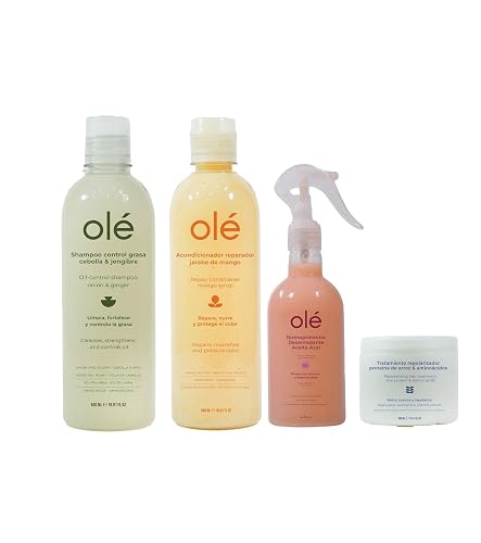 OLÉ Oil Control Hair Pack 4 Pieces - Rice Protein Pre-Shampoo + Onion, Ginger & Celery Shampoo + Mango & Tangerine Conditioner + Detangling thermo Beauty & Personal Care OLÉ