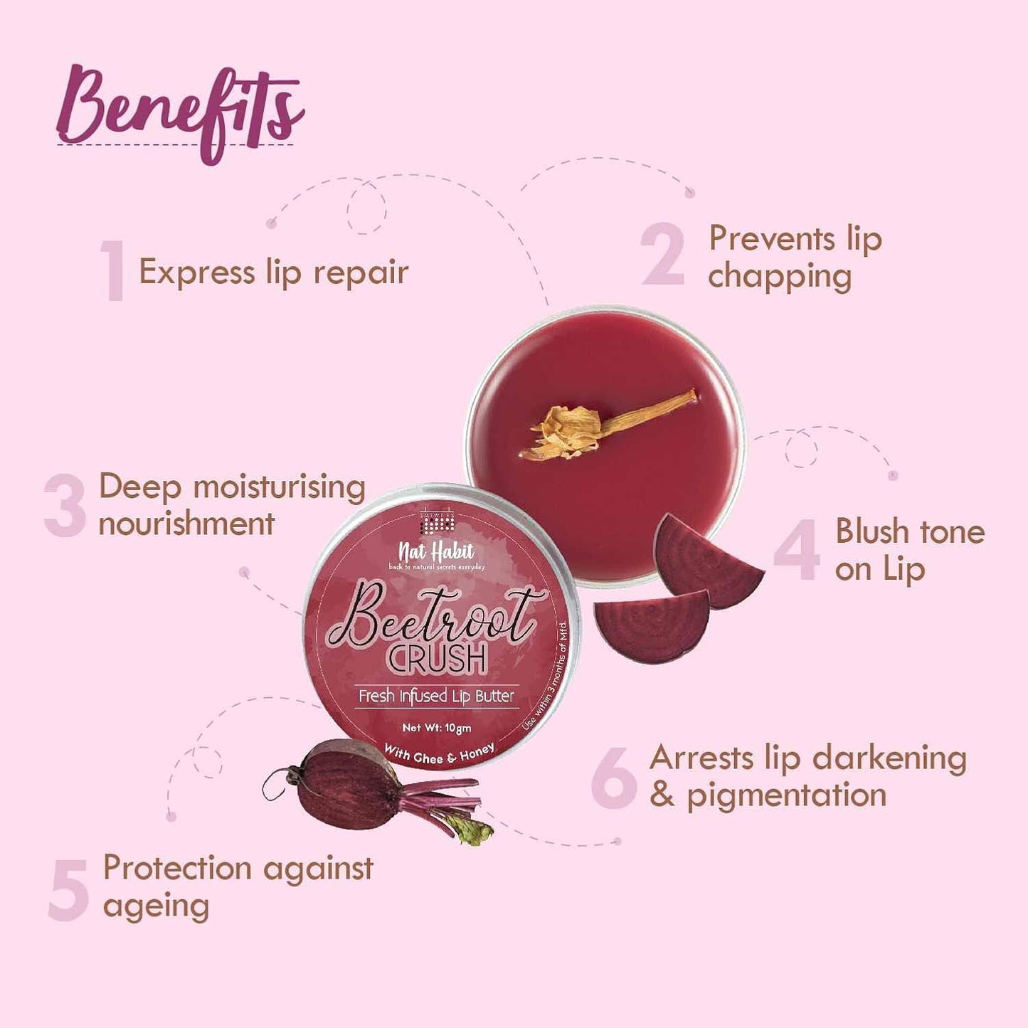 Nat-Habit's Lip Balm Beetroot Crush, 10g Lip Butter with Desi Ghee and Raw Honey, Natural Pink Lips, Pack of 2 Beauty and Personal Care Metrey Herbotech