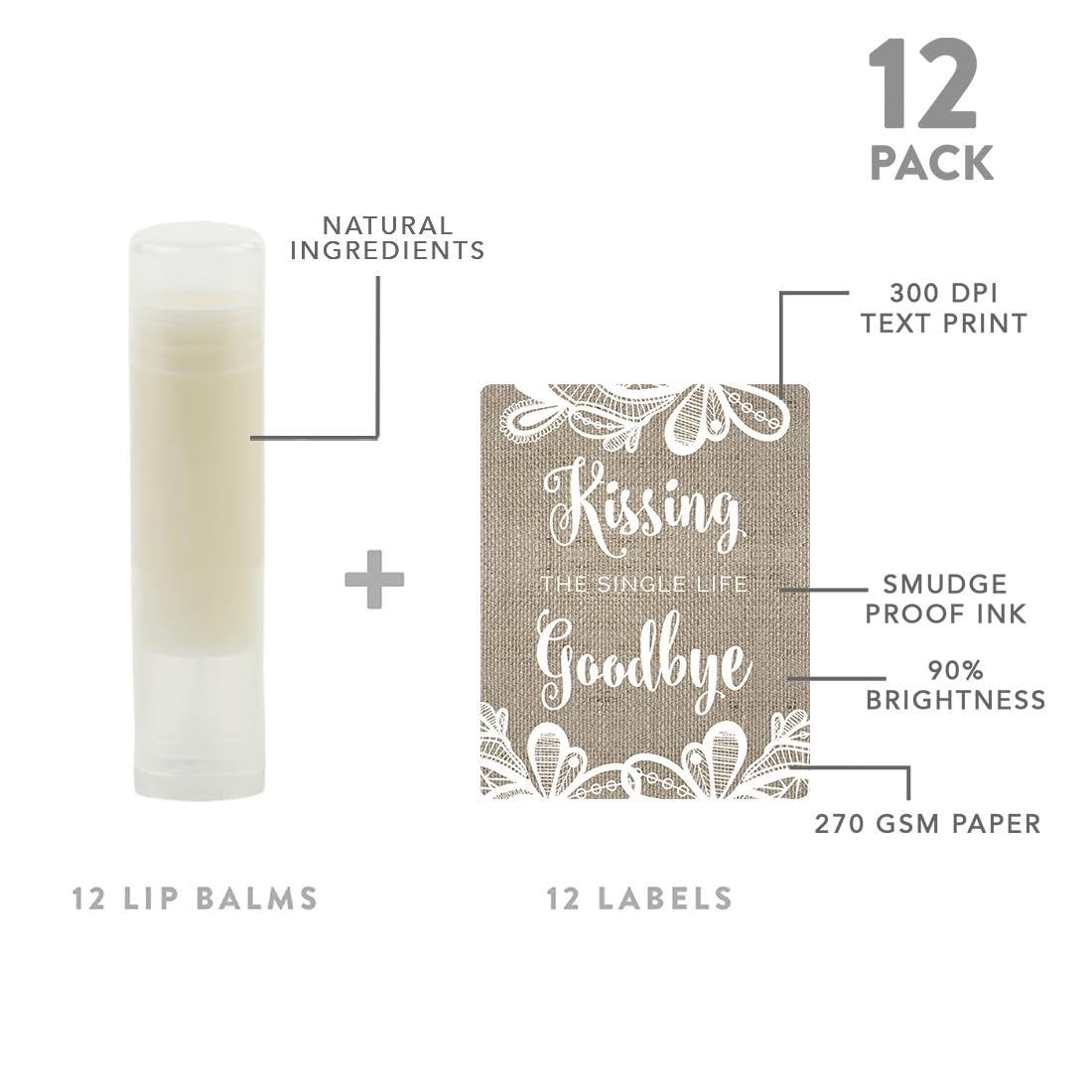 Andaz Press Bridal Shower Bachelorette Party Lip Balm Party Favors, Burlap Lace, Kissing The Single Life Goodbye, Bridesmaid Lip Gloss 12-Pack Beauty & Personal Care Andaz Press