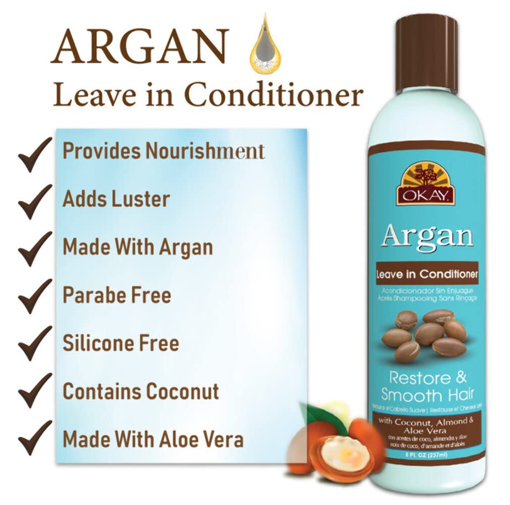 OKAY | Argan Leave In Conditioner | For All Hair Types & Textures | Restore, Hydrate & Smooth Hair | With Coconut, Almond, & Aloe Vera | Free Beauty & Personal Care OKAY