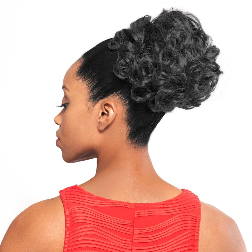 DS004 Curly Ponytail Color 1 Black - Foxy Silver Wigs 6" Short Length Drawstring Larger Curls Hairpiece Extension Synthetic Black Grey Bun Womens