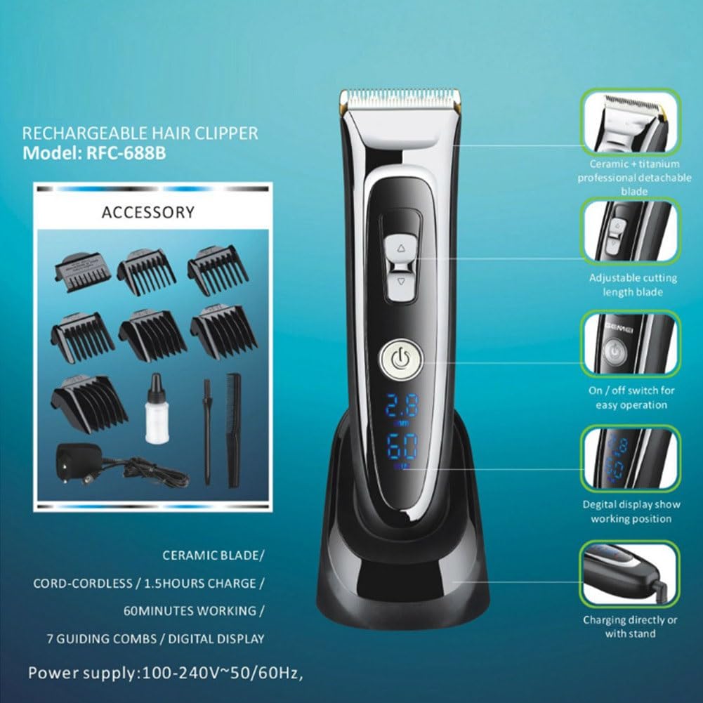 ZUIAI Professional Digital Trimmer Rechargeable Electric Hair Clipper Men's Cordless Haircut Adjustable Ceramic Blade RFC-688B 49 Beauty and Personal Care ZUIAI