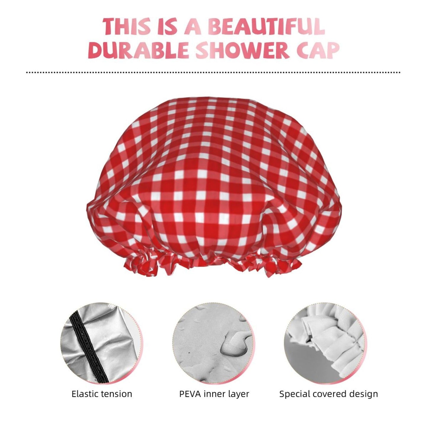 Sjilai Retro Red Gingham Shower Cap For Women Adjustable Double Waterproof Layers Bathing Shower Hat Hair Protection Reusable Ladies Spa Salon Shower Beauty and Personal Care Sjilai