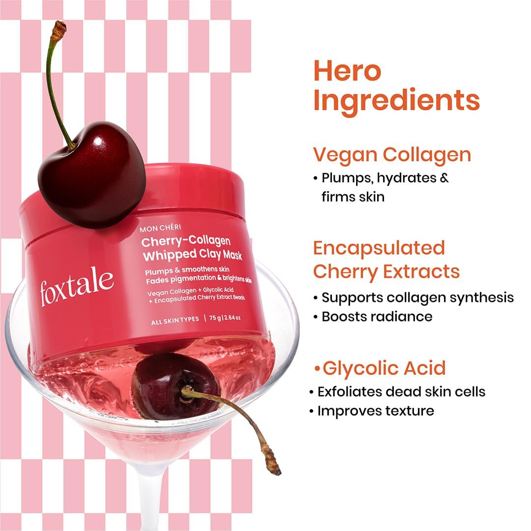 FoxTale Cherry-Collagen Whipped Clay Mask | Vegan Collagen + Glycolic Acid + PHA + Cherry Beads | Hydrates, Plumps & Firms Skin | Detoxifies Pores Beauty & Personal Care FoxTale