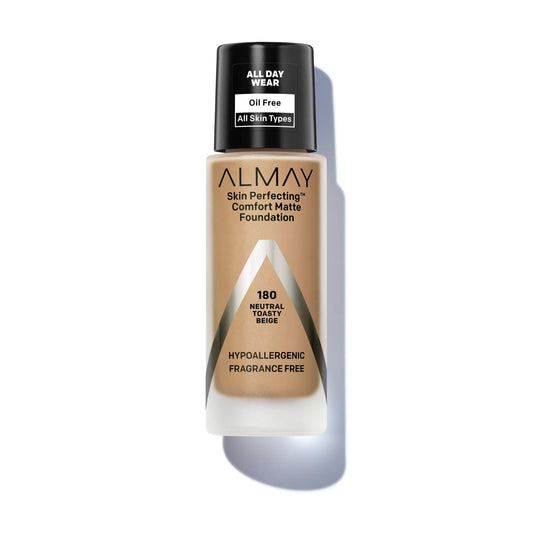 Almay Skin Perfecting Comfort Matte Foundation Liquid Makeup, Hypoallergenic, Cruelty- & Fragrance-Free, Dermatologist-Tested, 180 Neutral Toasty