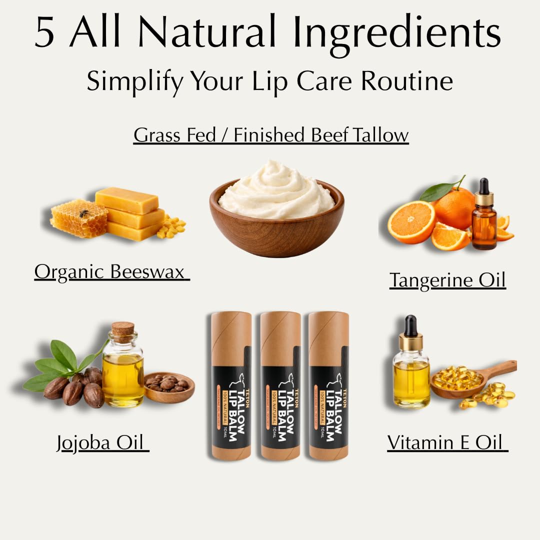 Teton Grass Fed Tallow Lip Balm with Beeswax & Jojoba Oil - Deep Moisturizing Lip Care with Vitamin E & Tangerine Oil - Smooth, Nourishing Lip Balm Beauty and Personal Care TETON