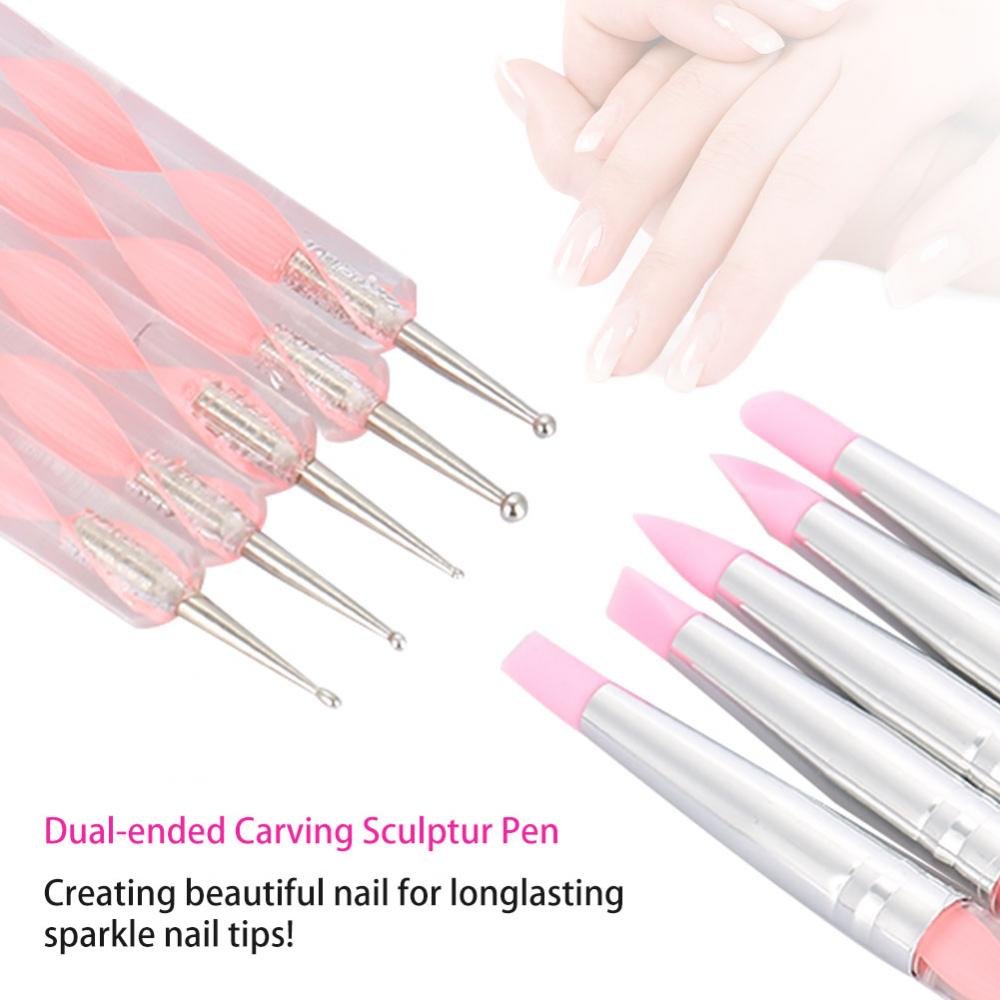 Dual-ended Carving Sculptur Pen Set, Silicone Head Dotting Pen Manicure Nail Art Tool 5pcs
