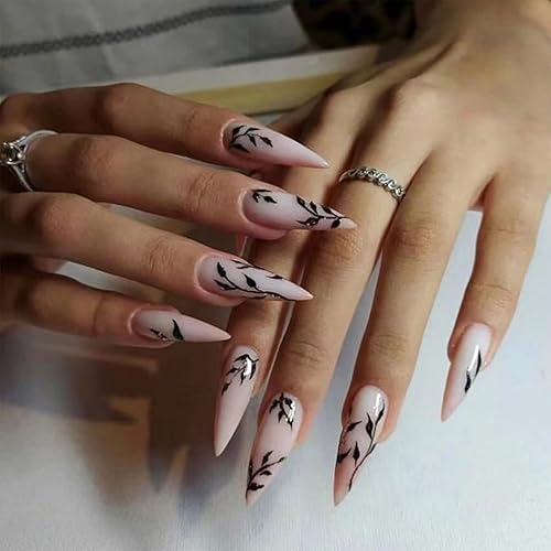 SINHOT Stiletto Press on Nails Extra Long Fake Nails with Glue Glossy False Nails with Black Leaves Designs Full Cover Almond Acrylic Nail 24pcs Beauty & Personal Care SINHOT