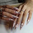 SINHOT Stiletto Press on Nails Extra Long Fake Nails with Glue Glossy False Nails with Black Leaves Designs Full Cover Almond Acrylic Nail 24pcs Beauty & Personal Care SINHOT