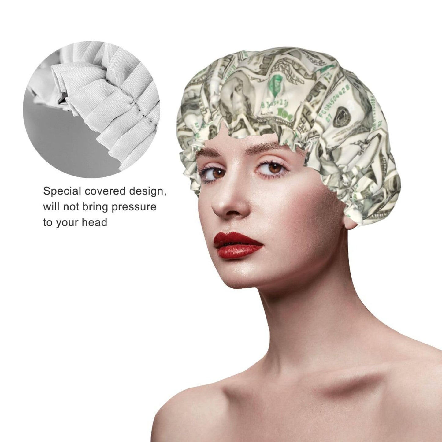 100 Dollar Money Shower Cap For Women Reusable Waterproof Double Layers Bath Cap Hair Protection Elastic Ladies Spa Salon Shower Hat Beauty and Personal Care YUZEKABZ
