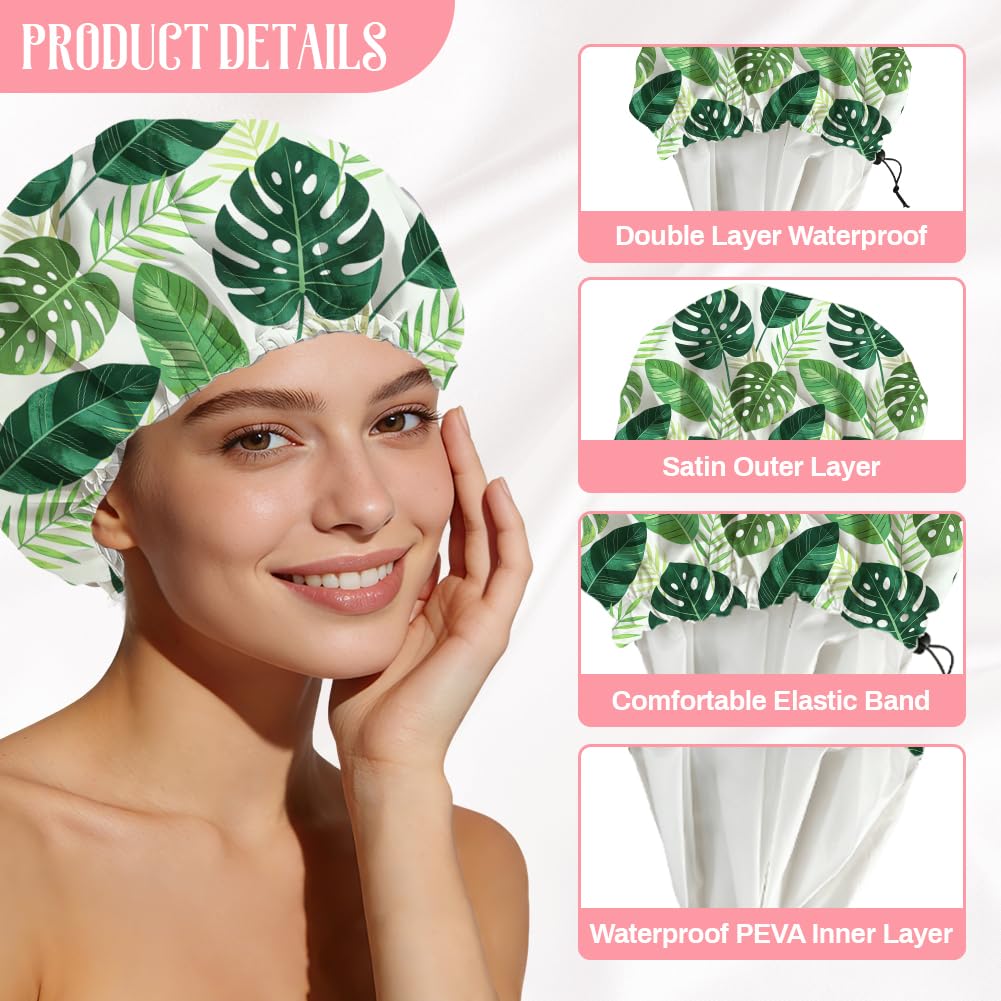 DELORIGIN Tropical Leaves Reusable Shower Cap Green Monstera Double Layer Waterproof Shower Caps Large Elastic Hair Cover Adjustable Hair - Drying Beauty and Personal Care DELORIGIN