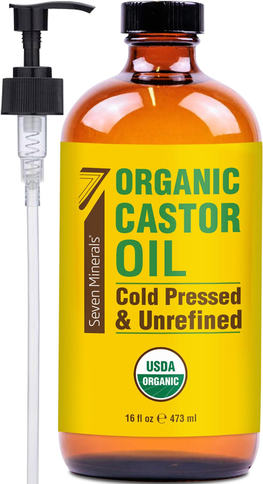 Seven Minerals USDA Organic Castor Oil - Big 16 oz Glass Bottle with Pump - 100% Pure Cold Pressed Unrefined Hexane Free - for Hair Growth, Eyelashes Beauty and Personal Care Seven Minerals Default Title