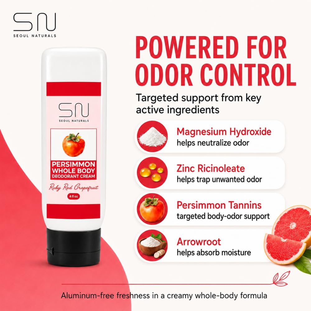 Seoul Naturals Persimmon Whole Body Deodorant Cream 2 Pack, Red Ruby Grapefruit Scented, Eliminates Nonenal Odors, k beauty inspired, 8fl oz, 2 x 4fl Beauty and Personal Care Seoul Naturals