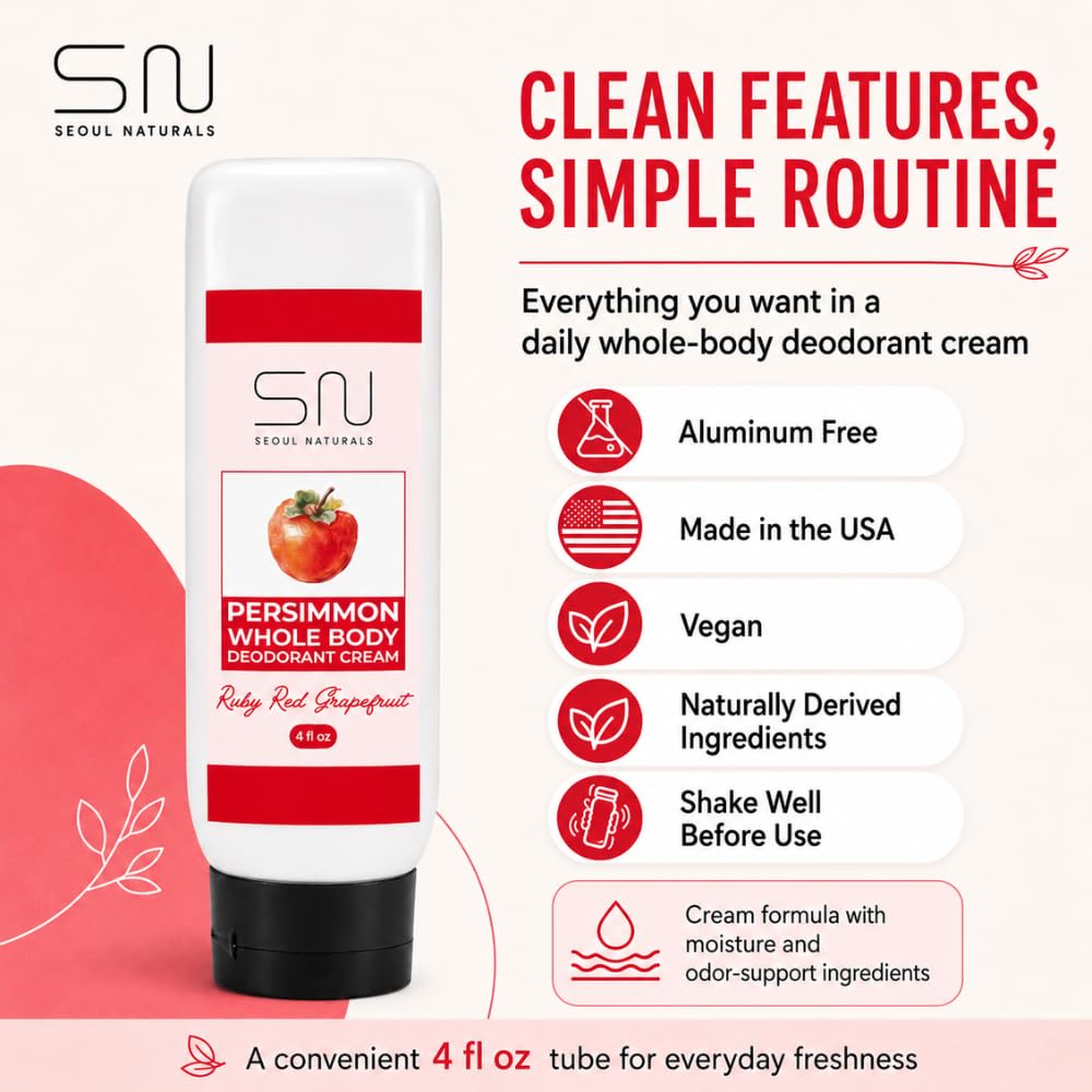 Seoul Naturals Persimmon Whole Body Deodorant Cream, Ruby Red Grapefruit Scented, Eliminates Nonenal Odors, k beauty inspired, 4fl oz Beauty and Personal Care Seoul Naturals