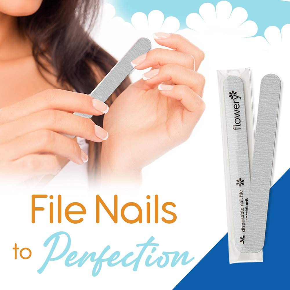 Flowery Nail File 100/180 Grit for Acrylic Nails, Double-Sided Nail Files, Disposable Emery Boards, Manicure Kit, Cushion Core, Silver, 100-Pack Beauty & Personal Care Flowery