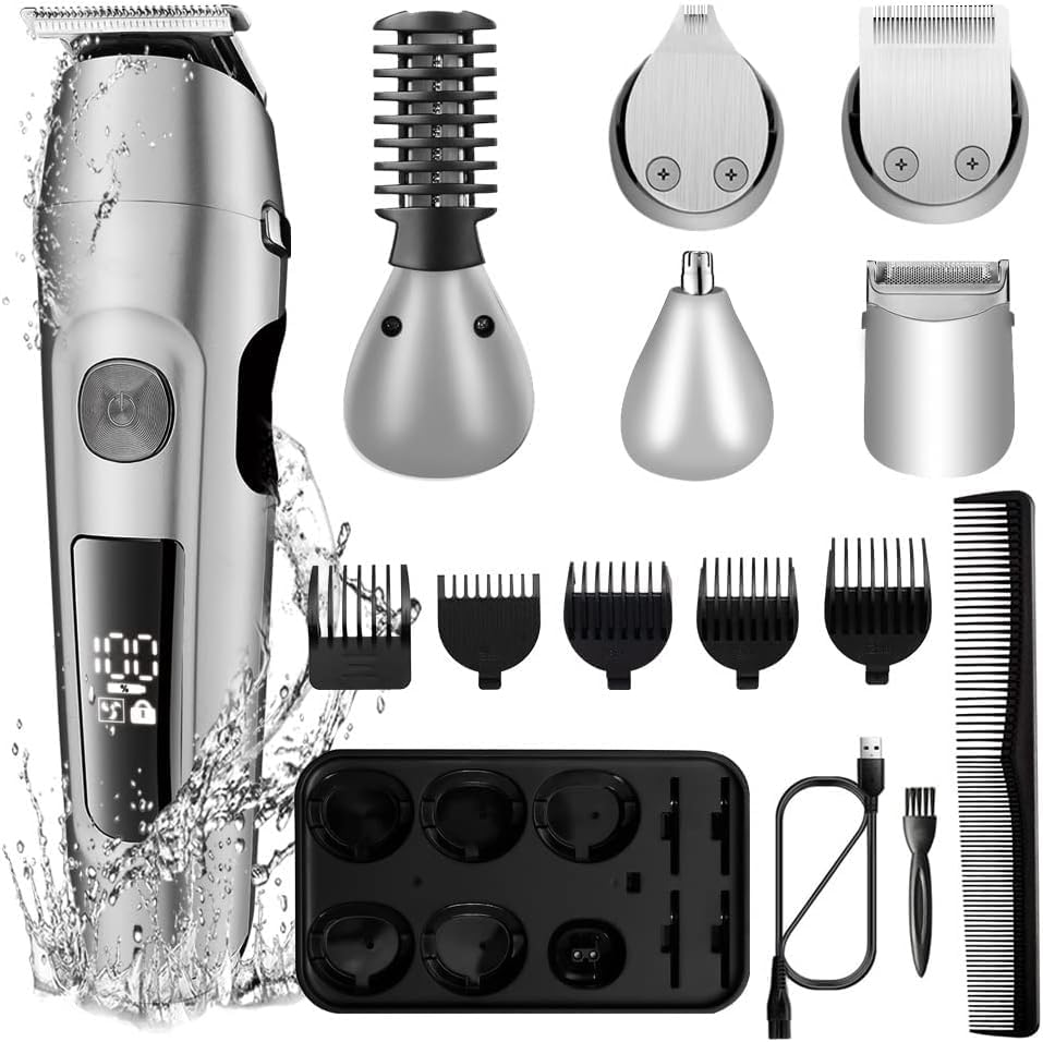 GLESVOWIO Hair Clippers All in One LCD Adjustable Speeds Trimmer Multifunction Beard Grooming Facial Body Clipper Elelctric Cutting Set(Silver) Beauty and Personal Care GLESVOWIO