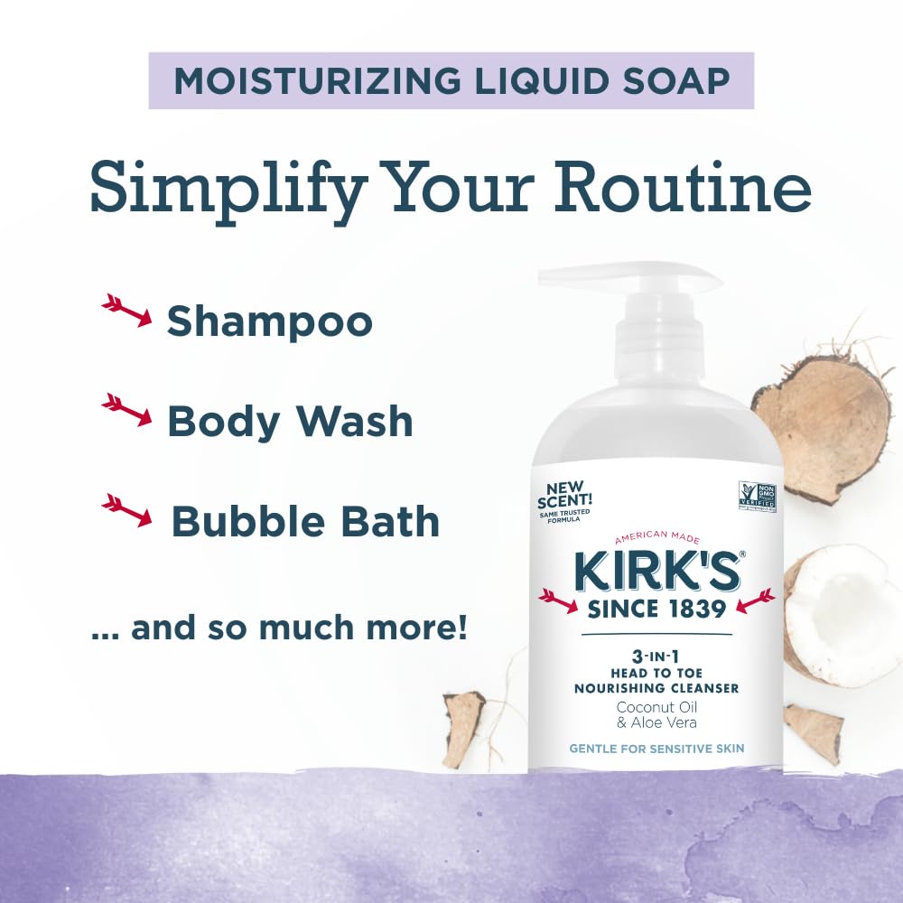 Kirk's 3-in-1 Head to Toe Nourishing Liquid Cleanser- for Men, Women & Children - Premium Coconut Oil & Aloe Vera- Non GMO & Vegan - Lavender Beauty & Personal Care Kirk's