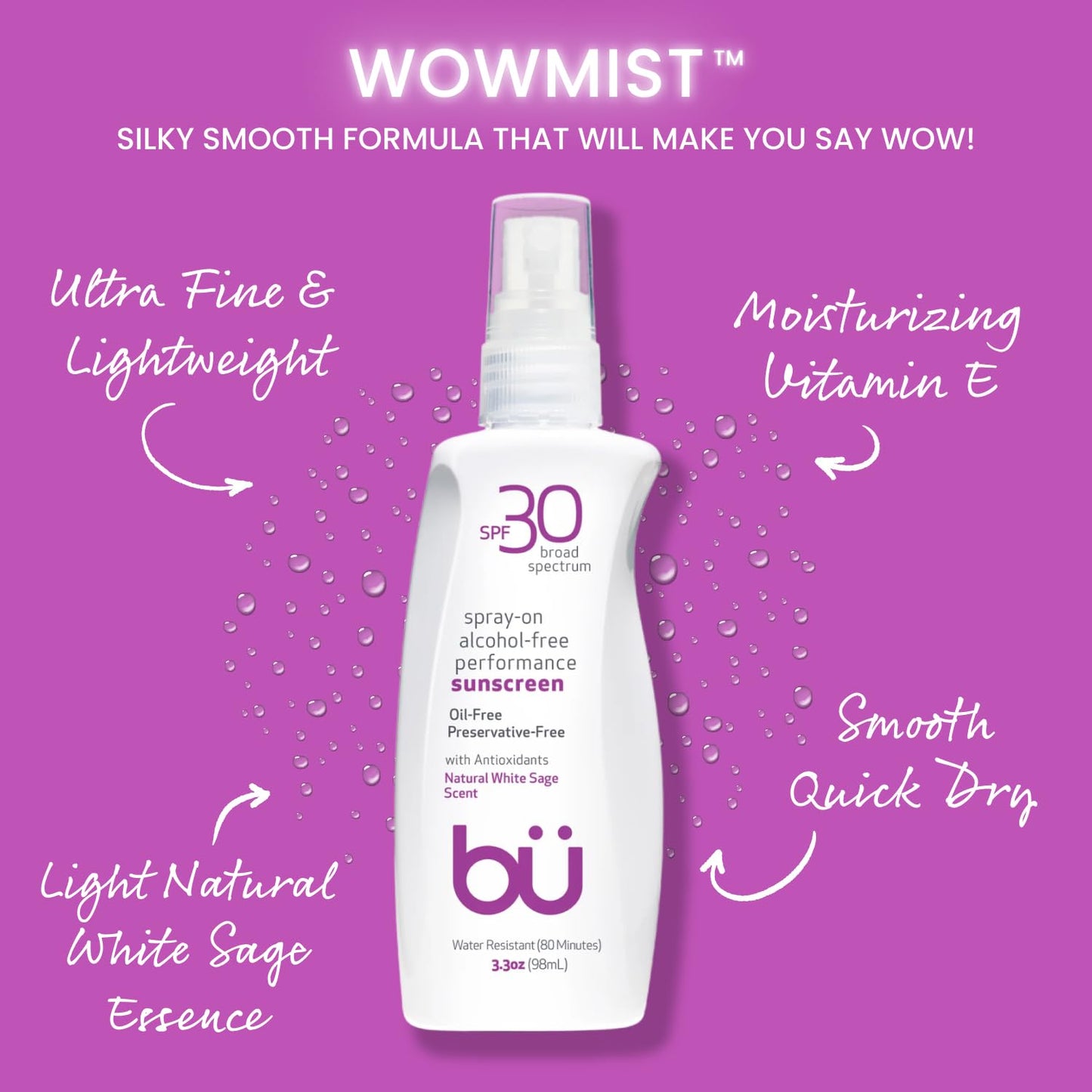 BU SPF 30 Sunscreen Spray for Face and Body, Non Aerosol Spray, Ultrafine WOWmist, TSA Travel Size Sunscreen, Clear, Non Greasy, Water Resistant Beauty & Personal Care bü