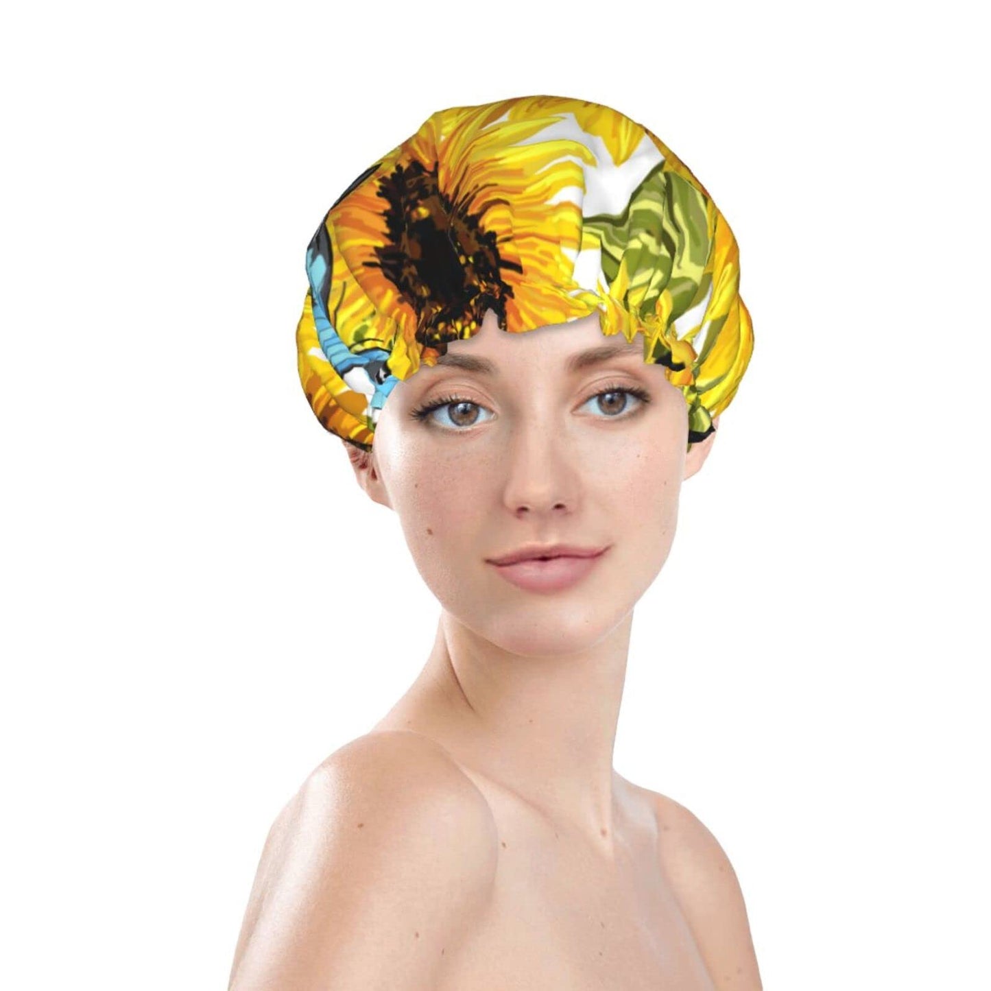 Sunflowers Blue Butterflies Shower Cap for Women,Double Waterproof Layers Bathing Shower Hat Large Designed for all Hair Beauty and Personal Care JIAOGSNC