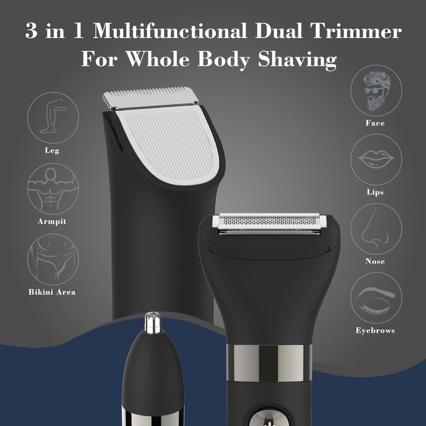 Hatteker 3 in 1 Multifunctional Dual - Head Body Hair Trimmer for Men, IPX7 Waterproof Nose/Eyebrow Trimmer, Rechargeable Body Electric Shaver Razor Beauty and Personal Care Hatteker