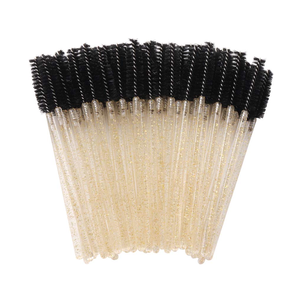 300 Pack Glitter Mascara Wands Disposable EyeLash Spoolie Brushes Makeup Applicator Eyelash Extension Tool Kit, Crystal Gold Handle Black Brush Head Beauty & Personal Care Mekupeu