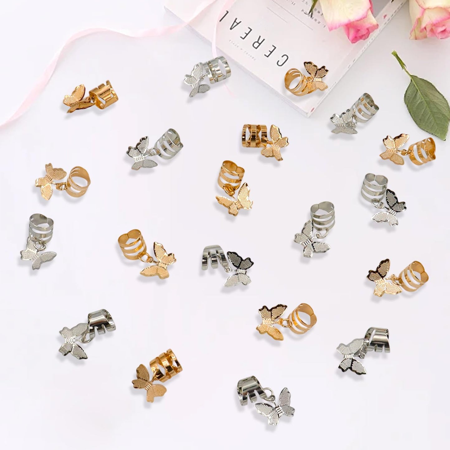 20Pcs Gold Silver Butterfly Cuffs for Women's Braids, Dreadlocks - Aluminum Rings, Adjustable Metal Clips, Hair Decorations Beauty & Personal Care Gaiett