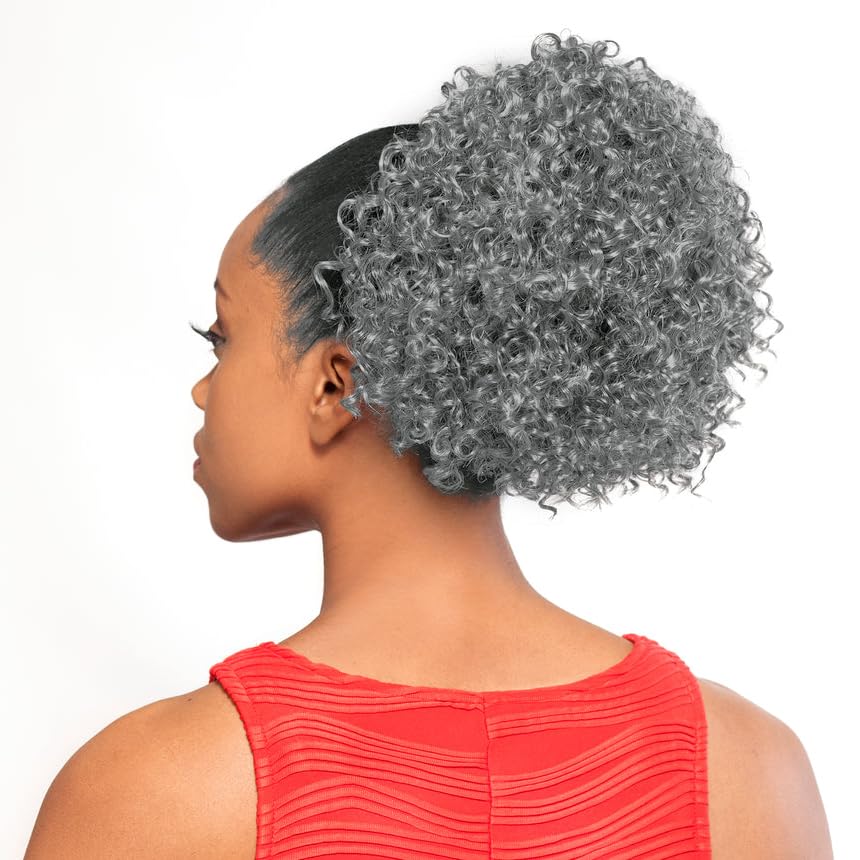 DS005 Curly Ponytail Color 34 Dark Brown with Gray - Foxy Silver Wigs 8-10" Length Drawstring Tight Curls Hairpiece Extension Synthetic Black Grey