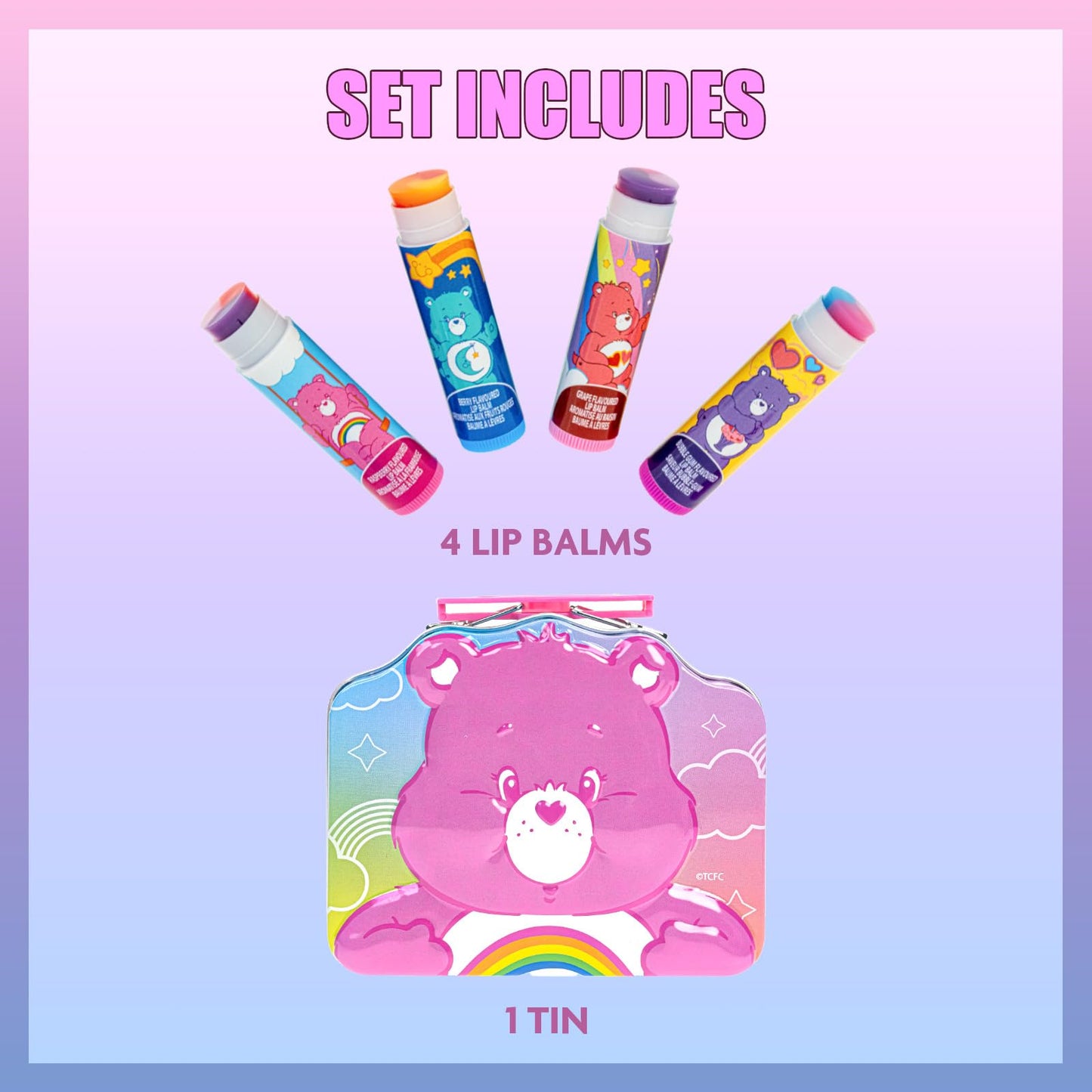 Care Bears 4 PK Plant-Based, Fruity Scented Lip Balm, & 1 Tin, Colorful Hydrating Mosturizor Swirl Lip Balm Set for Kids, by Townley Girl Beauty and Personal Care Townley Girl