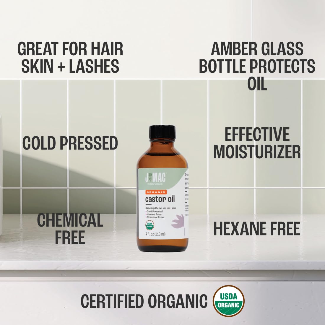 J MAC BOTANICALS Organic Castor Oil Cold Pressed (Glass Bottle, 4 oz, NO DROPPER), pure hexane free castor oil for face, skin, eyelashes Beauty & Personal Care J MAC BOTANICALS