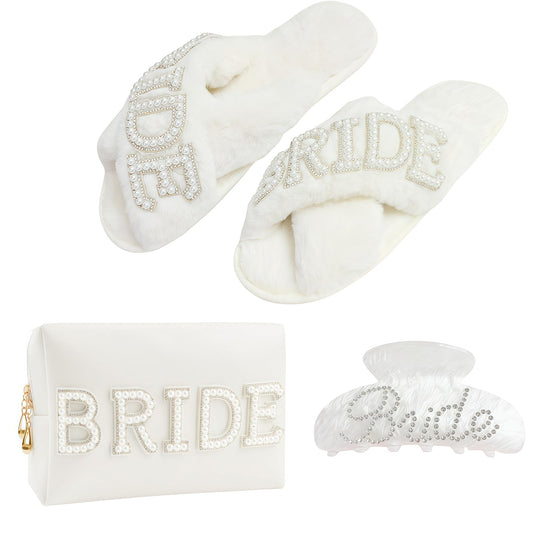 Kovewon Bridal Shower Gifts, Bride to Be Letter Makeup Bag with Pearl Rhinestone Fuzzy Bride Slippers, Hair Clip Wedding Engagement Gifts for Her Beauty and Personal Care Kovewon Default Title