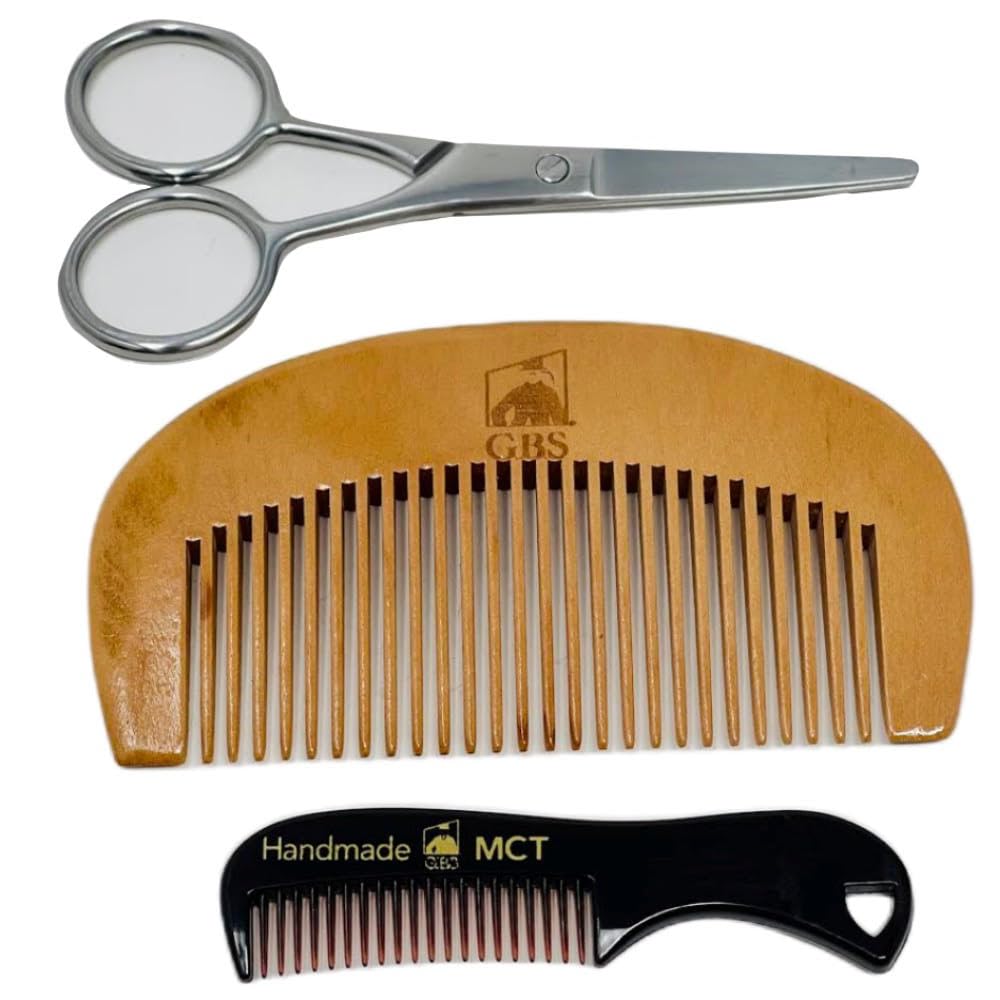 G.B.S 3n1 Professional Men's Beard and Mustache Trimming Styling 4" Scissors Beard Wood Comb and Mustache Comb Beauty and Personal Care G.B.S