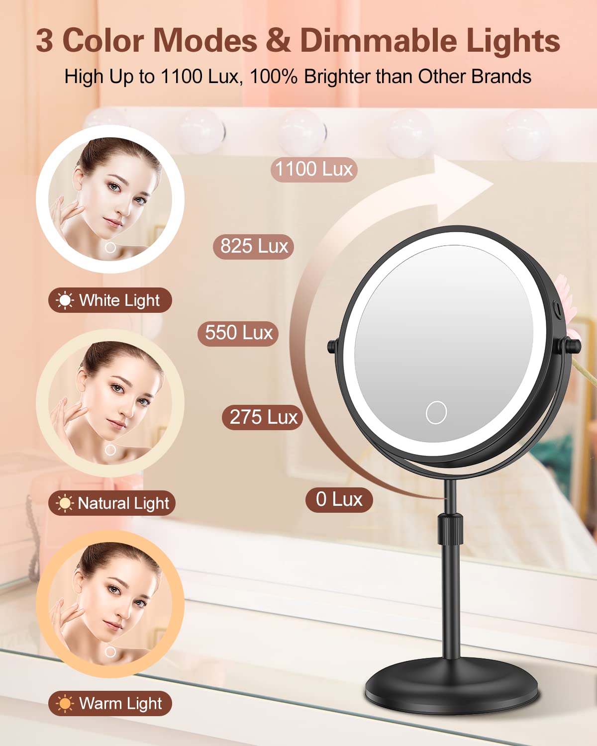 Benbilry Lighted Makeup Mirror with 10X Magnification & 3 Color Lights, Adjustable Brightness & Height, 7 Inch 360° Swivel Rechargeable LED Magnifying Beauty & Personal Care Benbilry