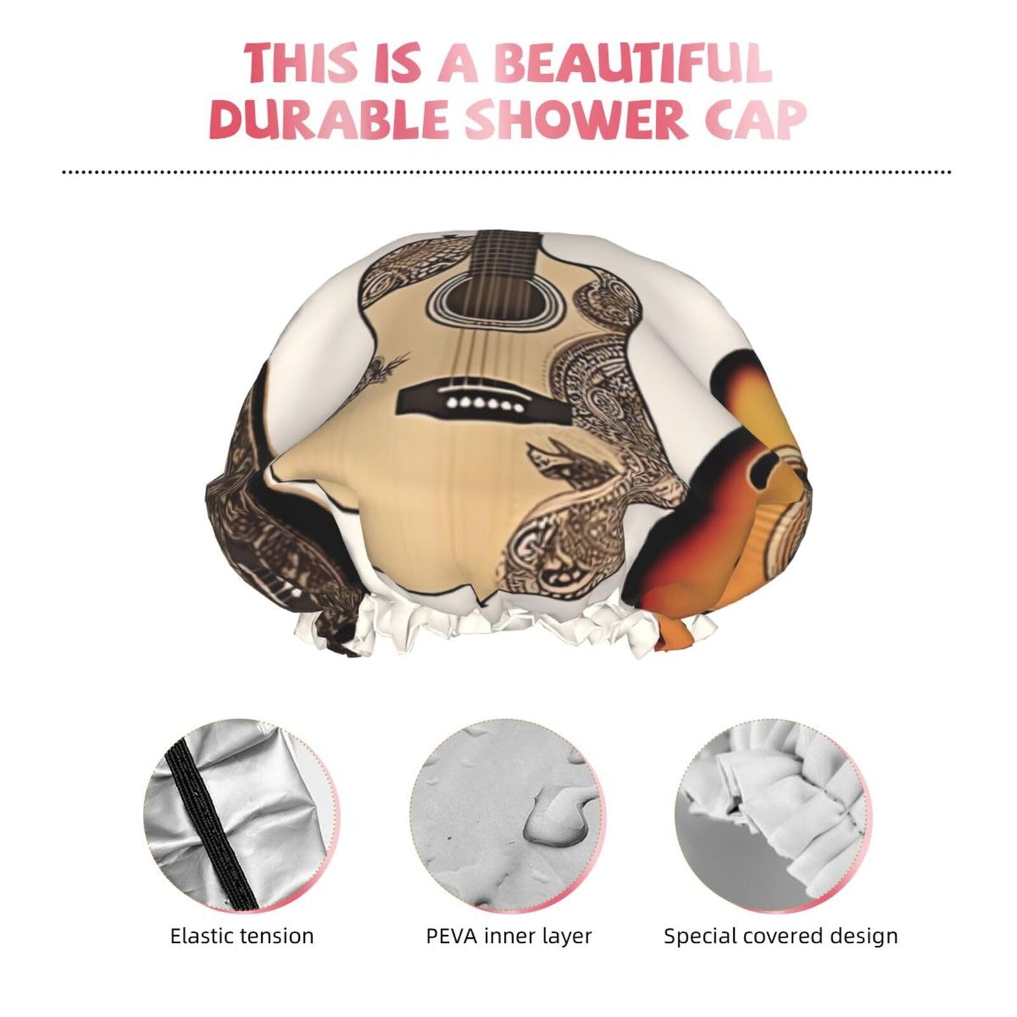 Guitar Shower Cap for Women Men Large Reusable Shower Bonnet Double-Layer Waterproof Bath Caps Elastic Band Hair Hat for All Hairstyles Beauty and Personal Care BWLHJKE