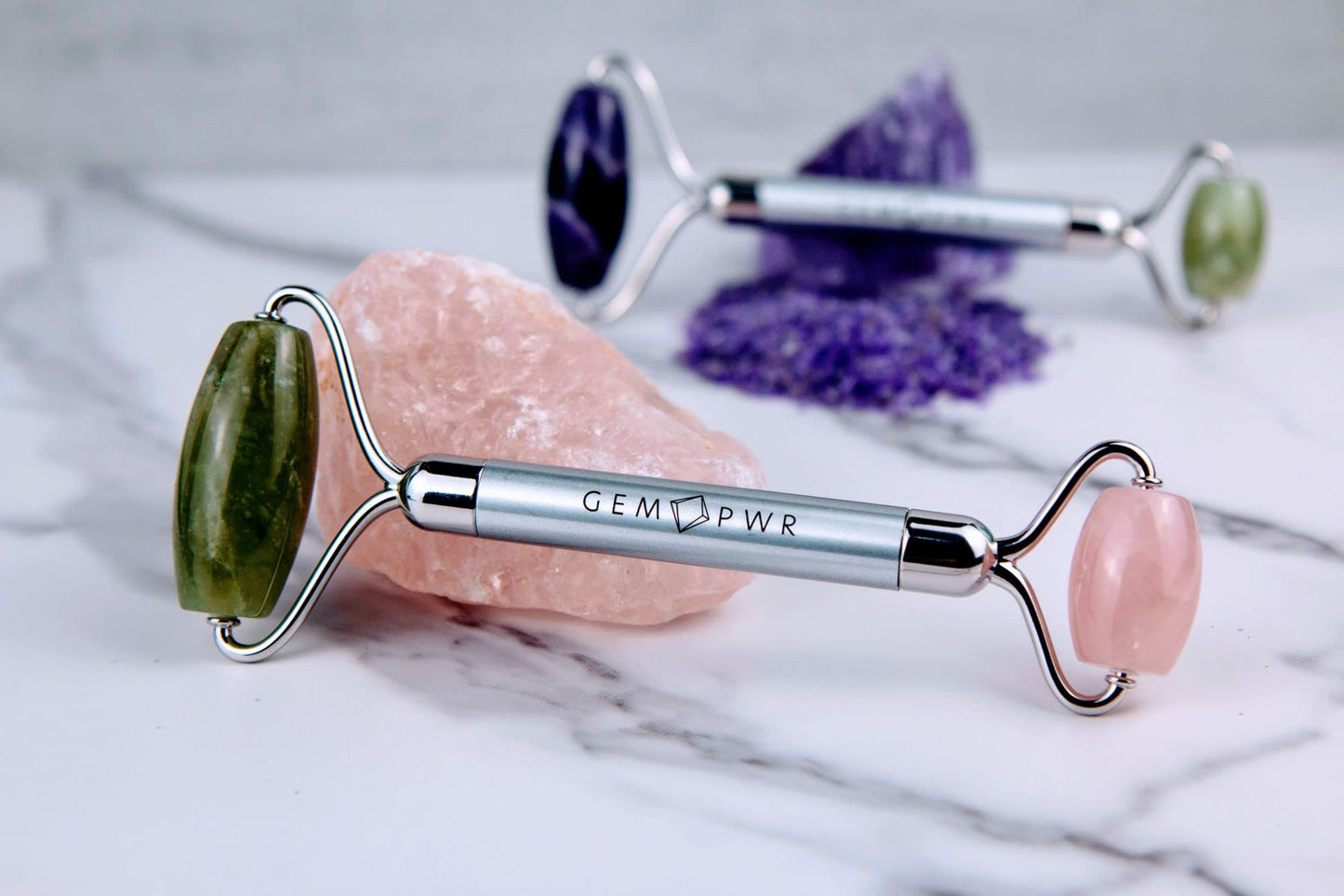GEM PWR Rose Quartz + Jade Roller for Face and Neck Massage, Dual Gemstones with Durable Steel Handle and Travel Bag. Minimize Wrinkles, Reduce Beauty & Personal Care GEM PWR