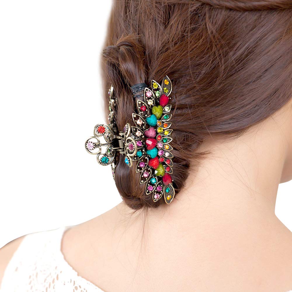 Large Retro Chic Metal Grip Imitation Turquoise Jewel Beads Hair Claw Jaw Comb Pins Flowers Catch Barrette with Teeth Updo Accessories for Thick Hair Beauty & Personal Care DAONACO