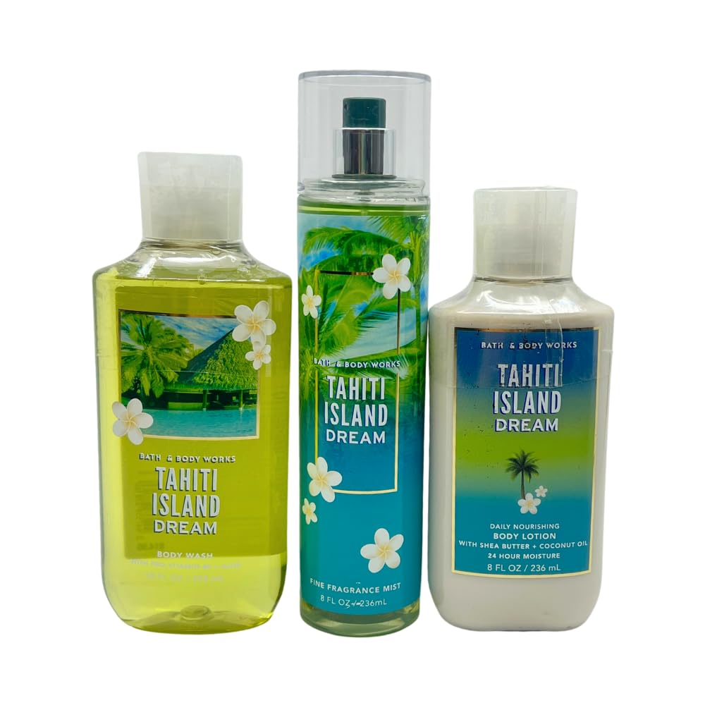 Bath & Body Works TAHITI ISLAND DREAM 3pc bundle - Mist, Body Wash, Body Lotion Gift Set with a Blue Bow for Holidays & Gifts - Full Size Beauty and Personal Care Bath & Body Works