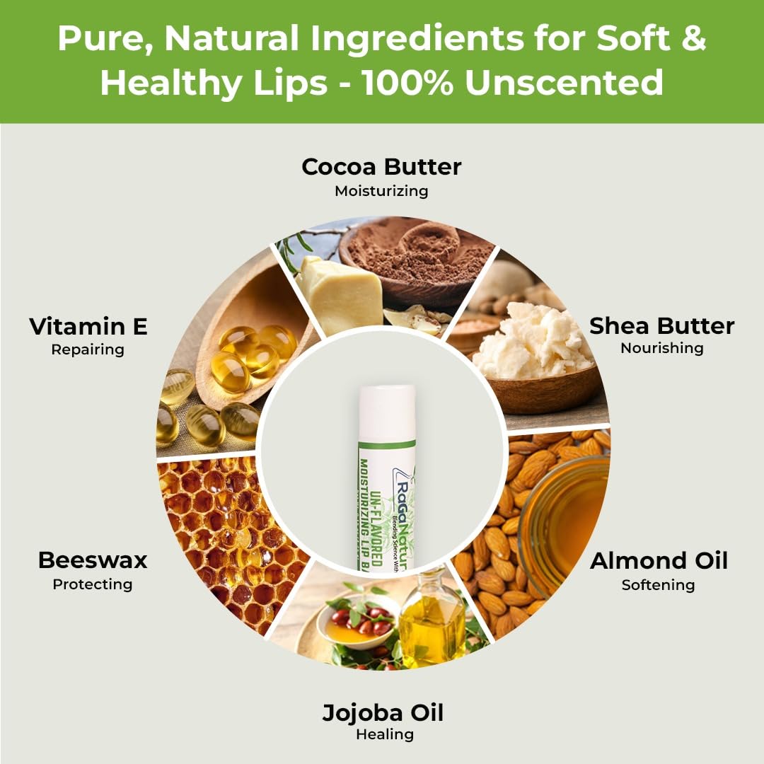 RaGaNaturals Natural Unscented Lip Balm - Original Beeswax, Shea Butter, Jojoba Oil, Vitamin E - Unflavored Chapstick Smooth, Hydrating, Moisturize Beauty and Personal Care RaGaNaturals