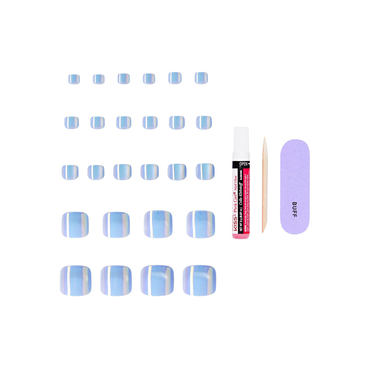 Kiss Core, Press On Nails, Nail glue included, 'Elation', Blue, Short Size, Squoval Shape, Includes 26 Toenails, 2g Glue, 1 Manicure Stick, 1 Mini