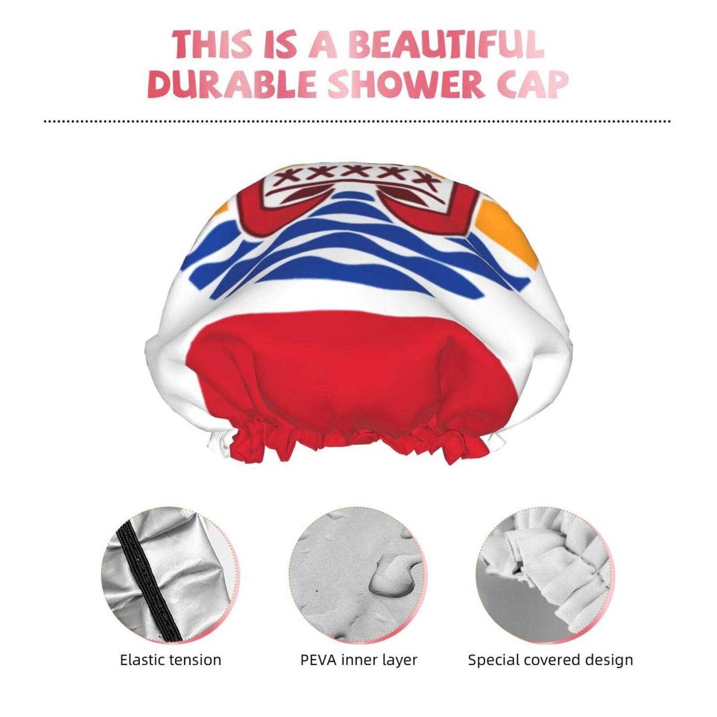 French Polynesia Flag Prints Shower Cap Double Layer Lined Waterproof Bathing Shower Hat Beauty and Personal Care Hayyett