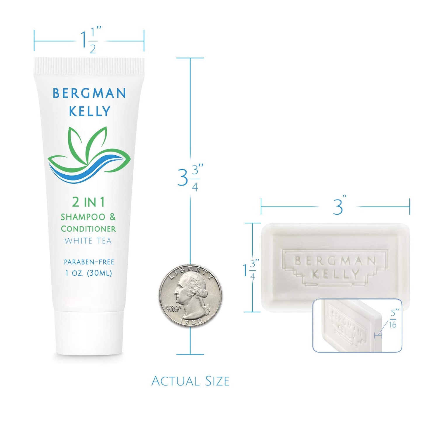 BERGMAN KELLY Rectangle Soap Bars, 2in1 Shampoo & Conditioner 2-Piece Set (White Tea, 1 oz each, 100 pc), Delight Your Guests with Revitalizing Beauty & Personal Care BERGMAN KELLY