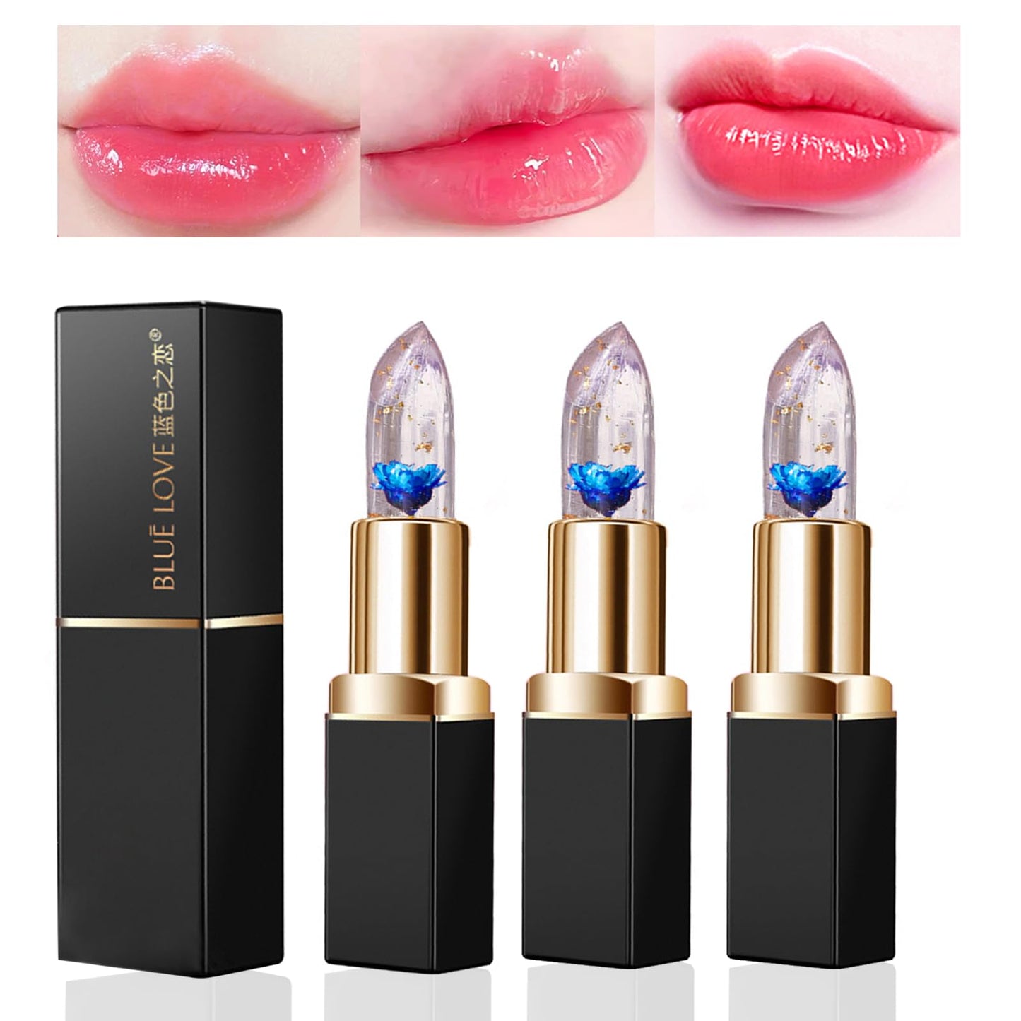 BLUE LOVE 3-Piece Color Changing Flower Jelly Lipstick Set - Nourishing Clear Lip Balm with Flower, Long-Lasting Moisturizing Lip Gloss (3Pc Blue) Beauty and Personal Care BLUE LOVE