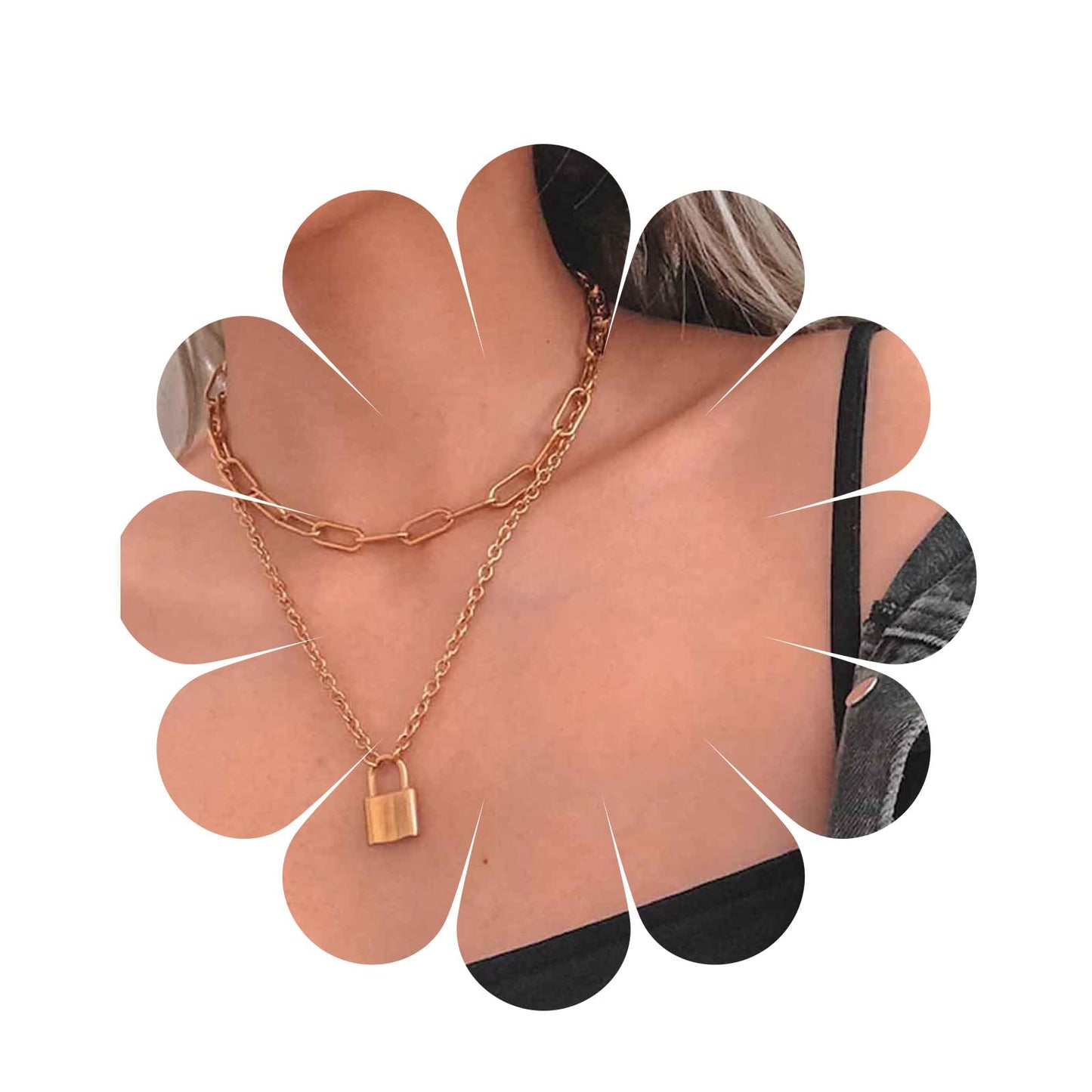 Yheakne Punk Layered Lock Choker Necklace Gold Padlock Pendant Necklace Chunky Paper Clip Chain Necklace Vintage Statement Necklace Chain Jewelry Beauty & Personal Care Yheakne