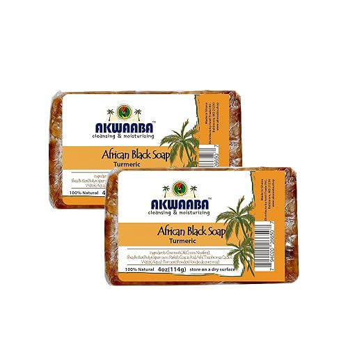 AKWAABA 100% African Black Soap(Turmeric) 4oz - For Body and Face | Moisturize and nourish your skin | Safe for all skin types | 2 pcs Beauty & Personal Care AKWAABA