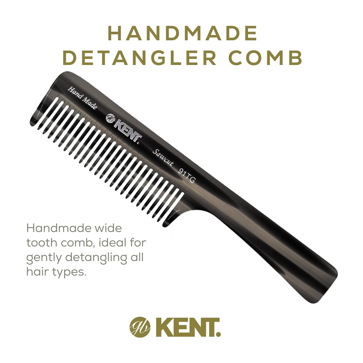 Kent 91T Black Graphite Wide Tooth Detangler Hair Comb for Curly and Wavy Hair - for Women and Men, Large Handle Shower Comb for Effective Detangling
