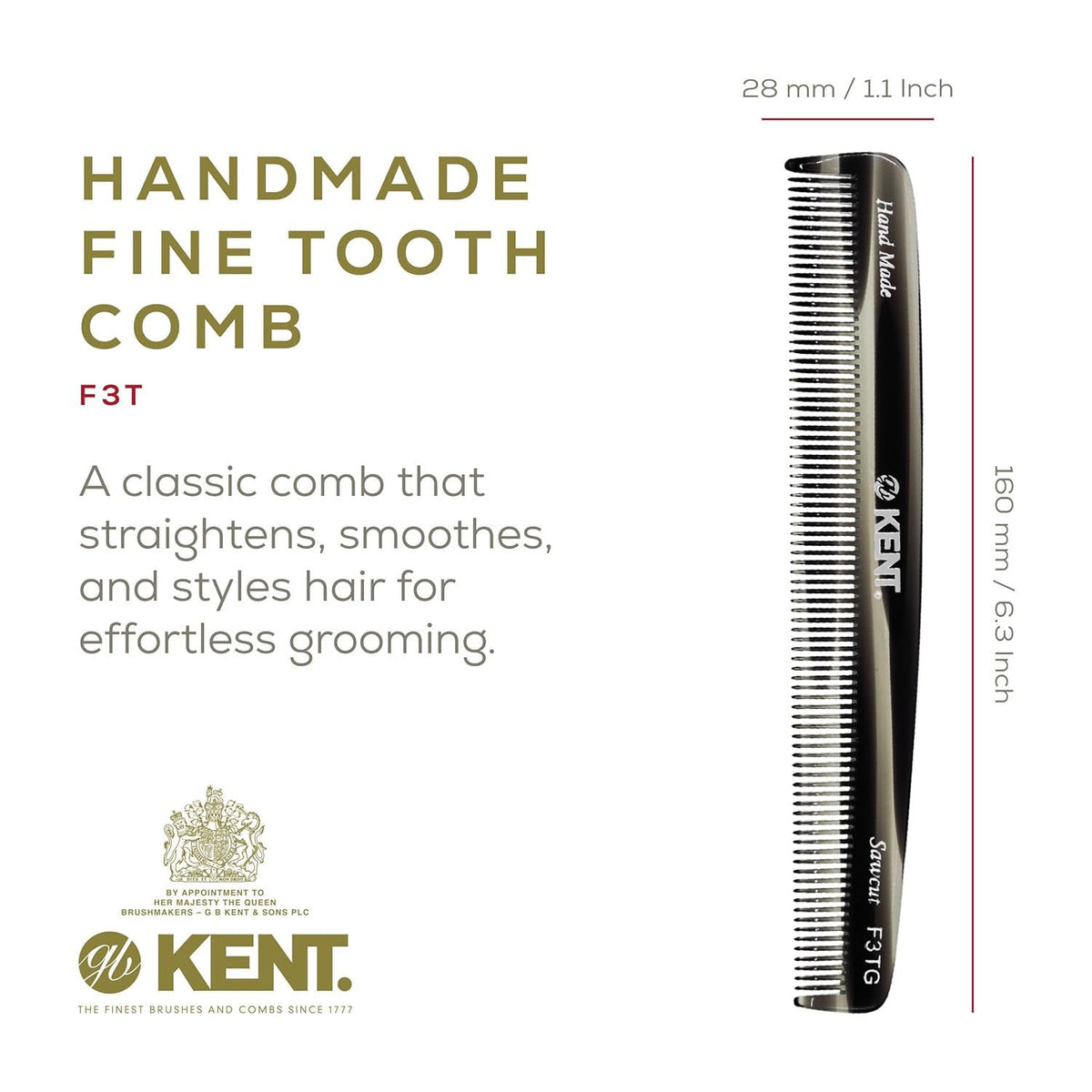 Kent F3T Black Graphite Fine Tooth Comb - Hair Parting and Straightening Comb for Men's & Women's Dandruff Remover, Saw Cut and Hand Polished Made in